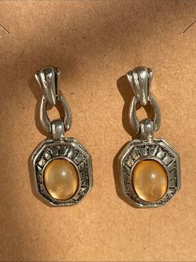 Antique Style Silver Drop Earrings w/ Honey Colored Acrylic Amber Cabochons 1.5”